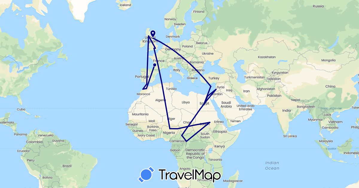 TravelMap itinerary: driving in Central African Republic, Cyprus, Egypt, France, United Kingdom, Gibraltar, Morocco, Nigeria, Sudan, Syria, Chad (Africa, Asia, Europe)