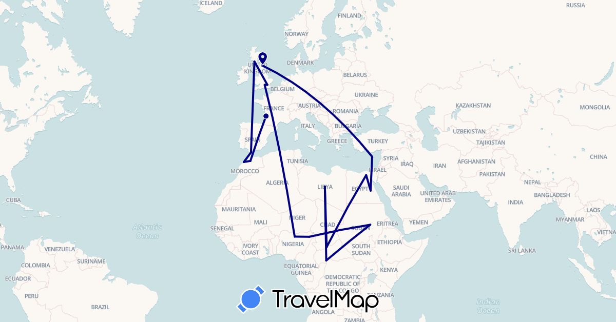 TravelMap itinerary: driving in Central African Republic, Cyprus, Egypt, France, United Kingdom, Gibraltar, Libya, Morocco, Nigeria, Sudan, Chad (Africa, Asia, Europe)